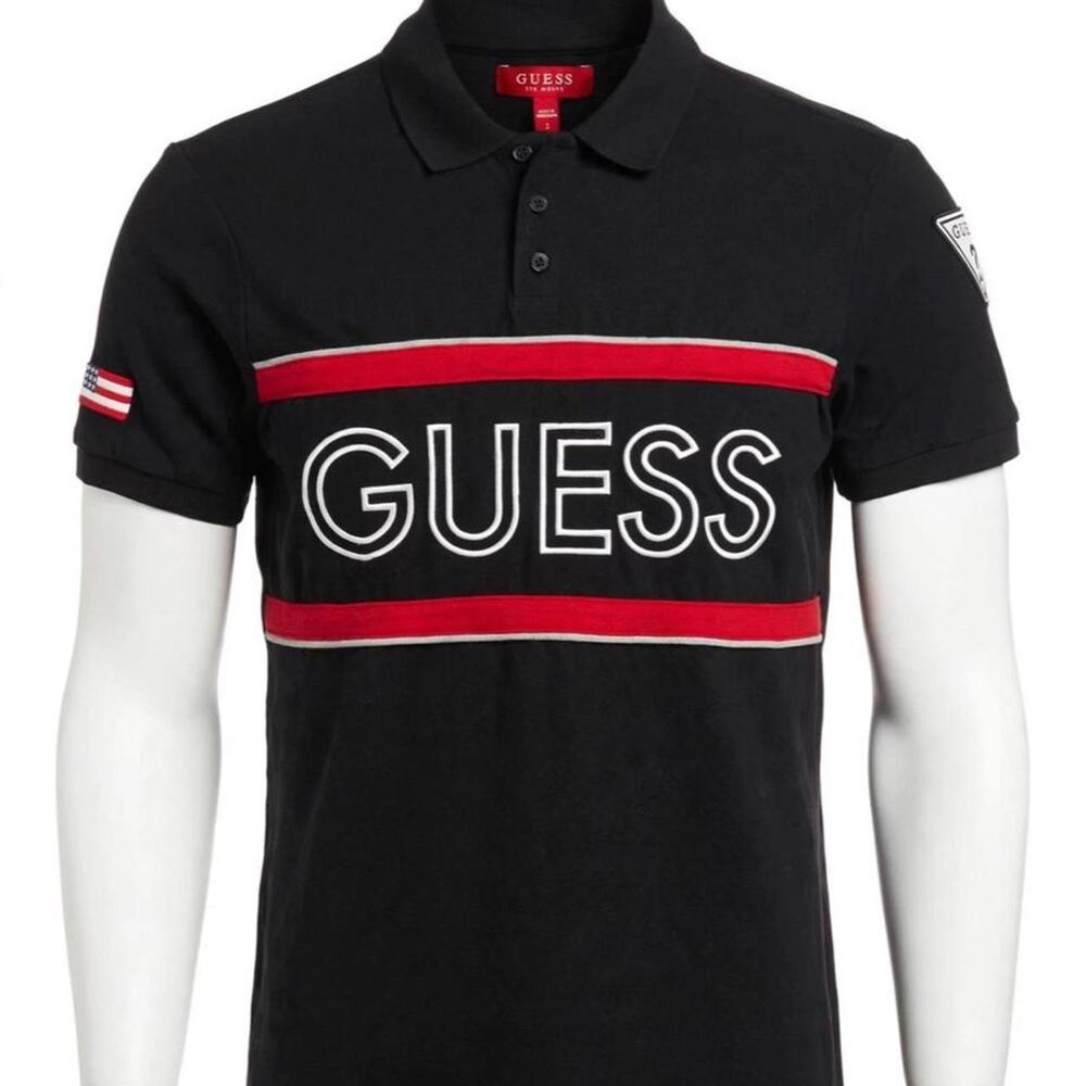 GUESS Polo Shirt Mens S Black Red Spell Out Logo Flag Patch Streetwear